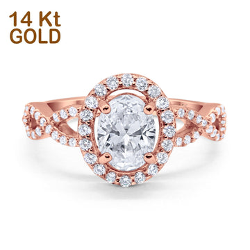 14K Rose Gold Art Deco Halo Wedding Ring Oval Round Simulated Cubic Zirconia Size-7